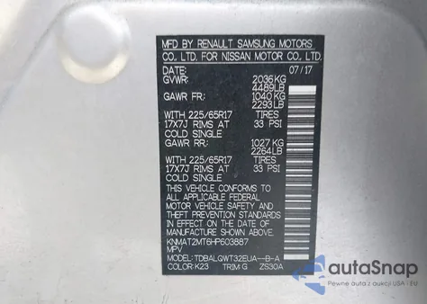 2017 Nissan Rogue Sv z USA, uszkodzony, nr VIN KNMAT2MT6HP603887